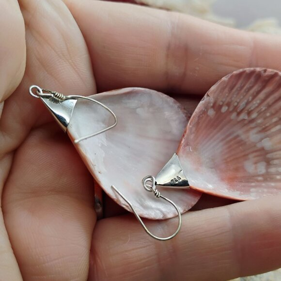 Sterling Silver & Authentic Real Orange Scallop Shell Seashell Dangle Earrings - Picture 5 of 5